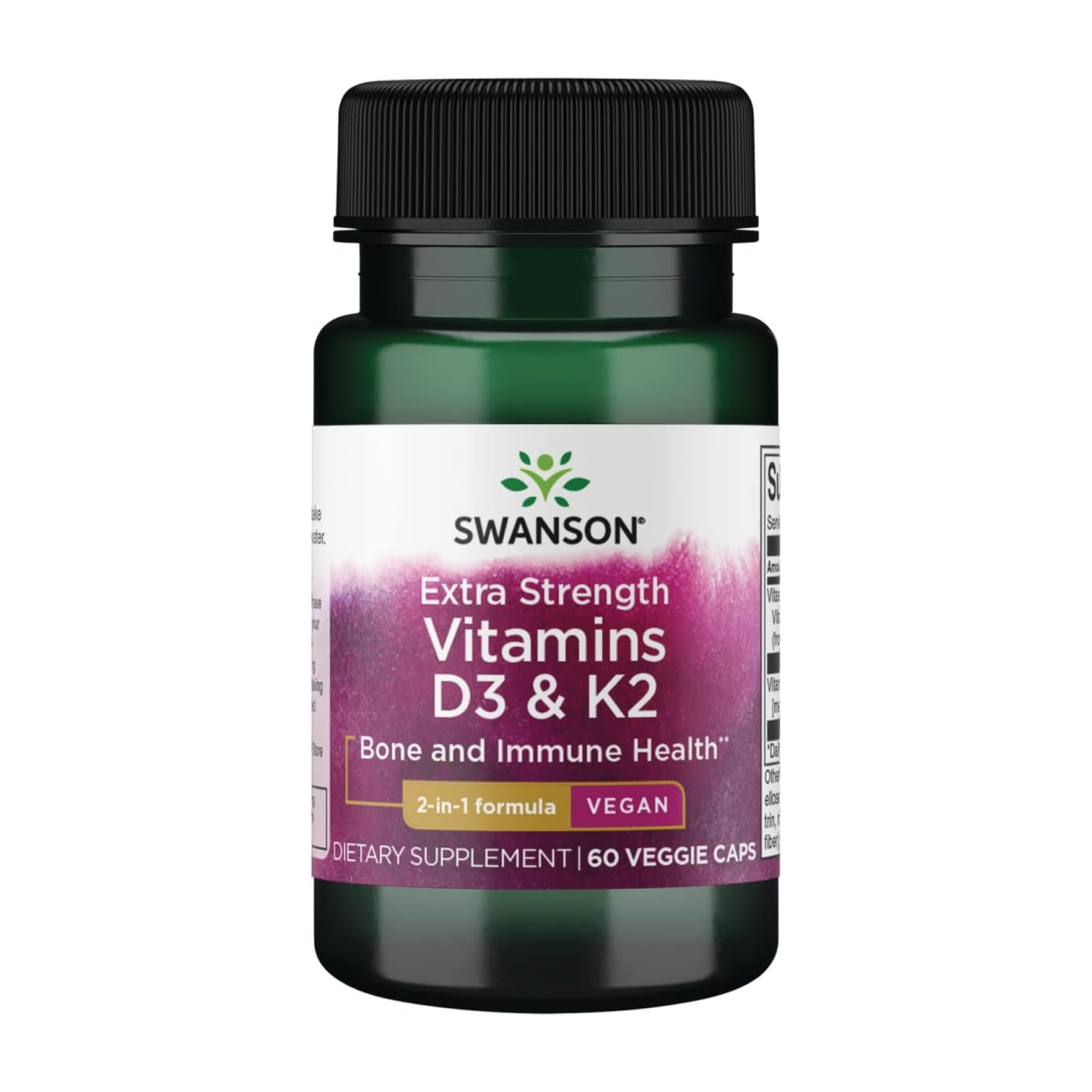 Swanson Extra Strength D3 & K2 — вітаміни D3 5000 МО та K2 100 мкг, 60 веганських капсул