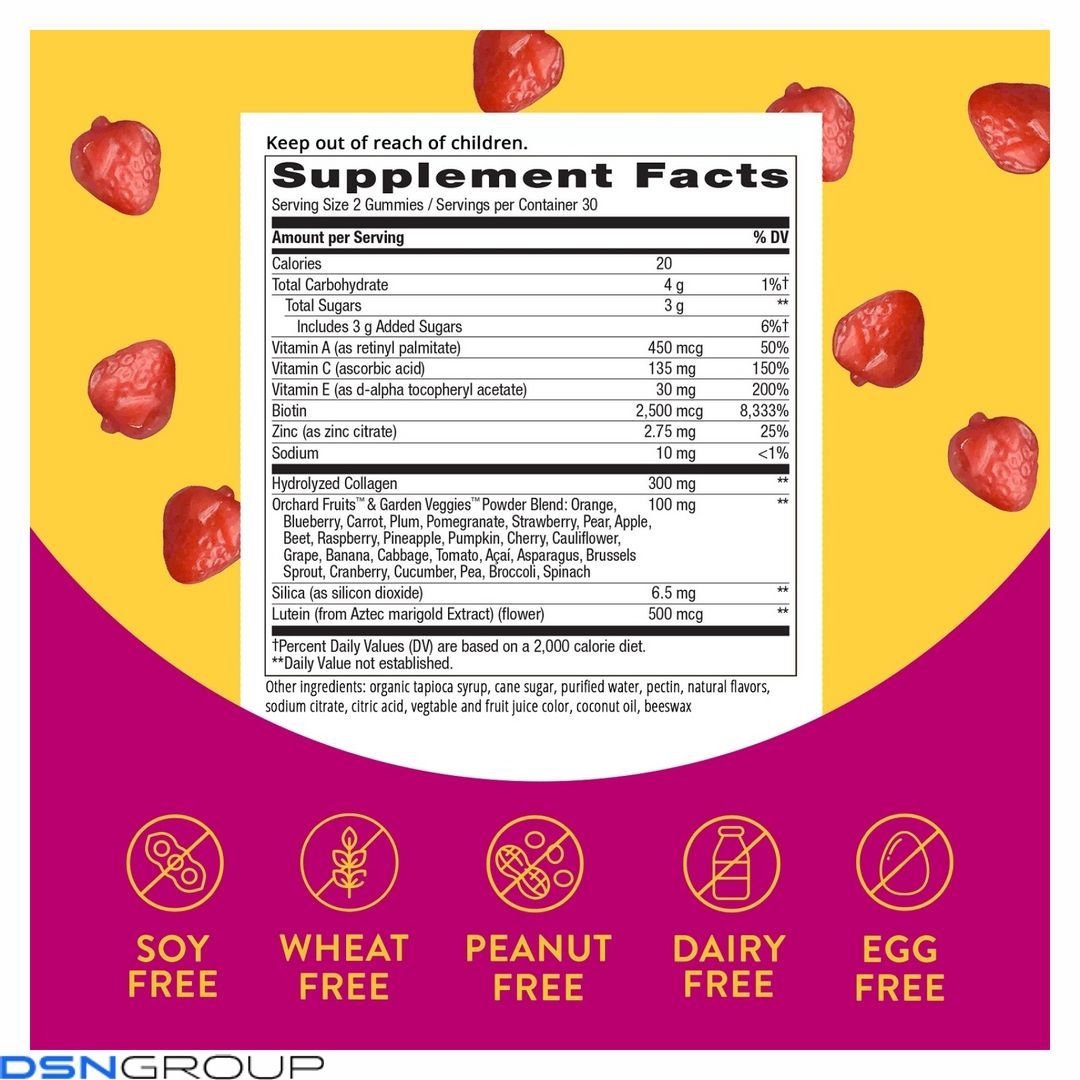 Hair, Skin and Nails with Collagen - 60 gummies Strawberry 2022-10-0603 фото Hair, Skin and Nails with Collagen - 60 gummies Strawberry