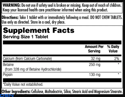 Betaine HCl Plus 250mg - 100 tabs