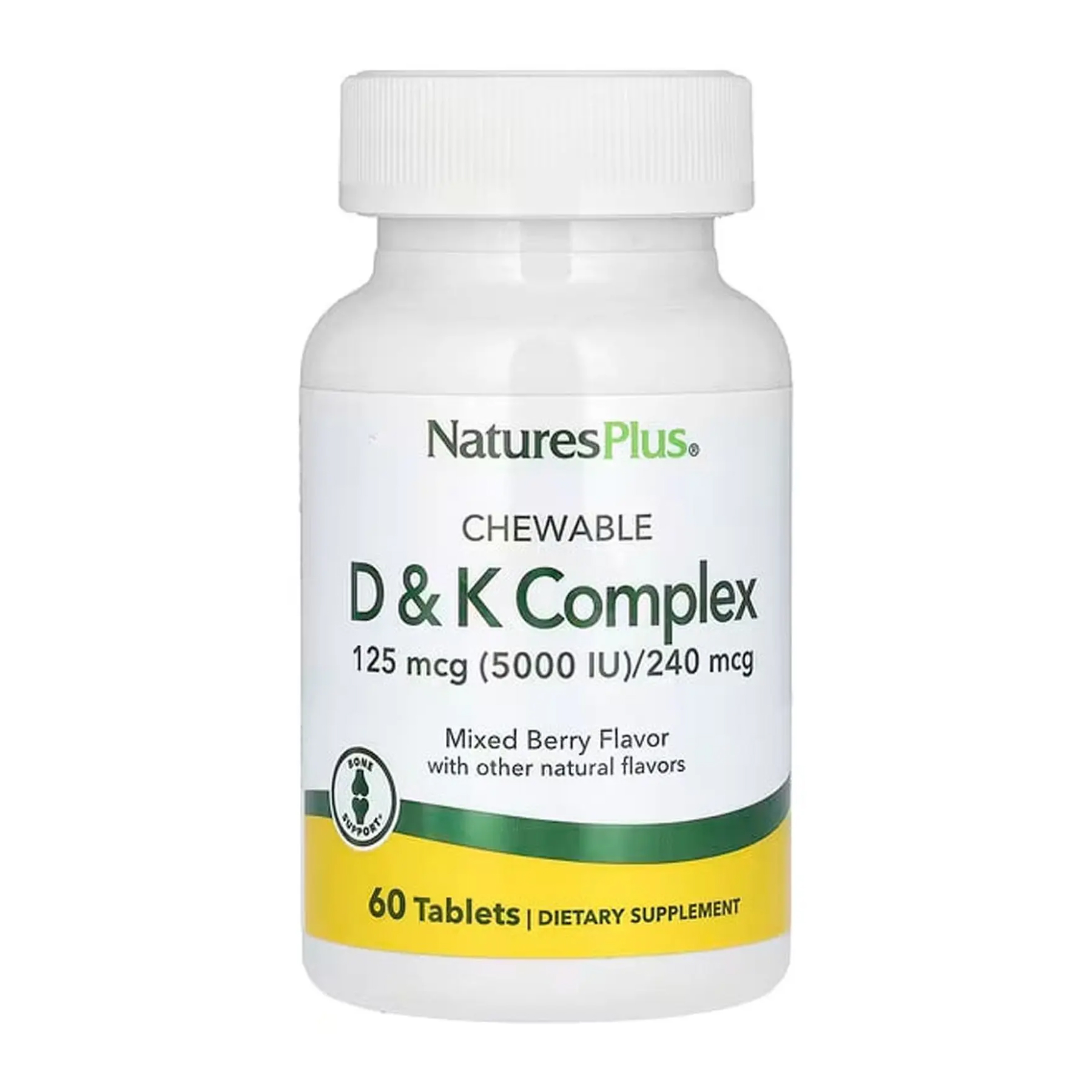 NaturesPlus Vitamin D & K Complex, D3 5000 МО (125 мкг) + K2 240 мкг, 60 жувальних таблеток