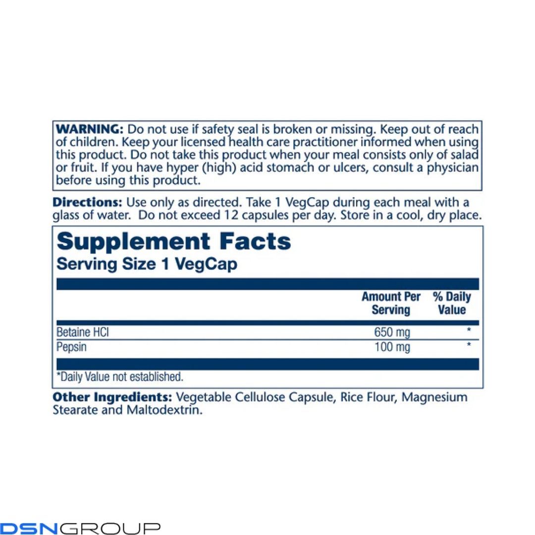 High Potency Betaine HCl with Pepsin 650mg - 250 veg caps