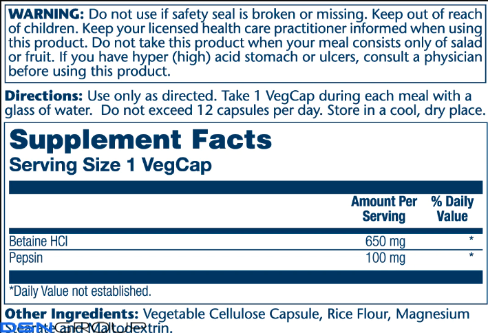High Potency Betain HCl with Pepsin 650mg - 100 vcaps