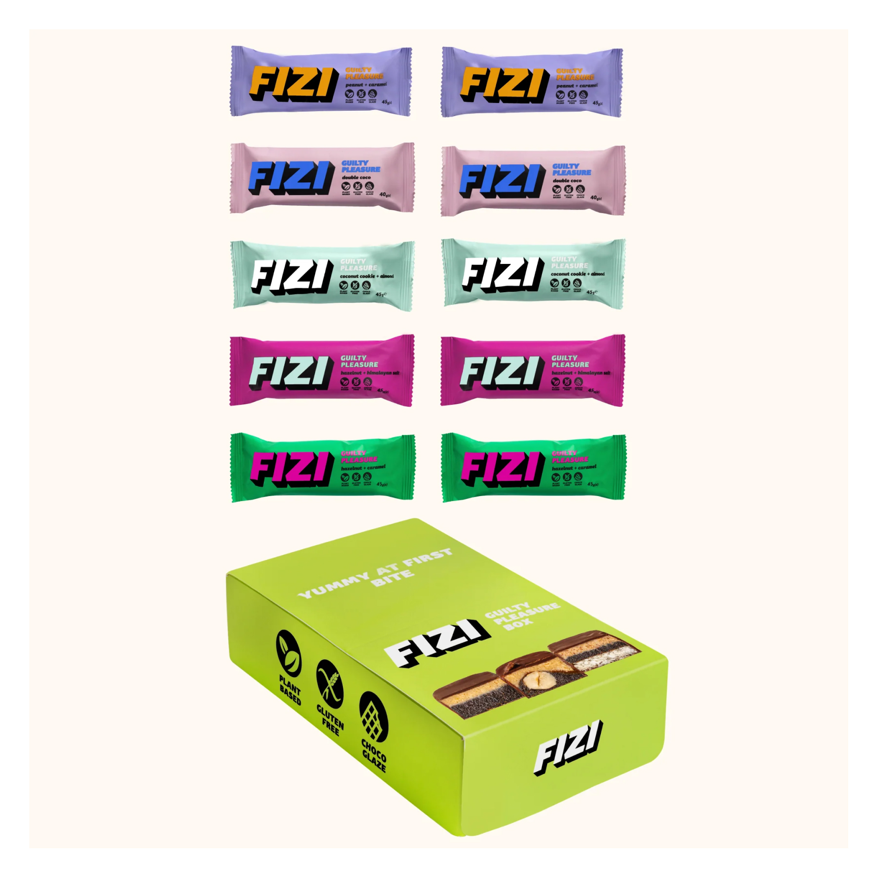 Батончики FIZI Guilty Pleasure Box, мікс 5 смаків, 10 × 45 г